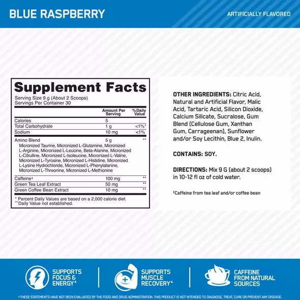 Optimum Nutrition ESSENTIAL AMIN.O. ENERGY® Blue Raspberry 0.6 lb (30 Servings) Philippines | 15279-EXVJ