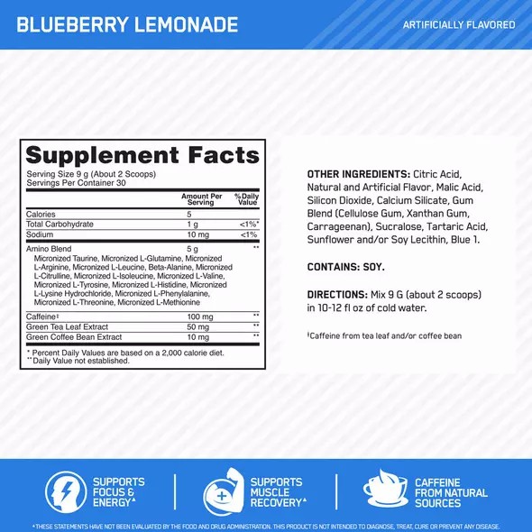 Optimum Nutrition ESSENTIAL AMIN.O. ENERGY® Blueberry Lemonade 0.6 lb (30 Servings) Philippines | 87952-IZTL