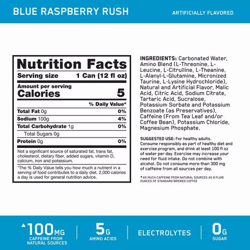 Optimum Nutrition ESSENTIAL AMIN.O. ENERGY+ Electrolytes Sparkling *new* Blue Raspberry Rush 355ml * 12 Cans (12 Servings) Philippines | 73296-WMSI