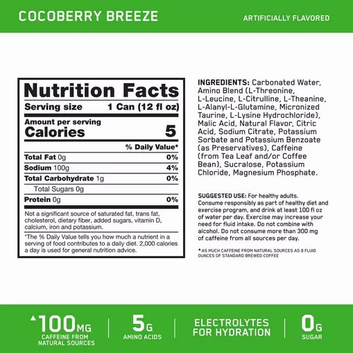 Optimum Nutrition ESSENTIAL AMIN.O. ENERGY+ Electrolytes Sparkling *new* Cocoberry Breeze 355ml * 12 Cans (12 Servings) Philippines | 89265-JXMW