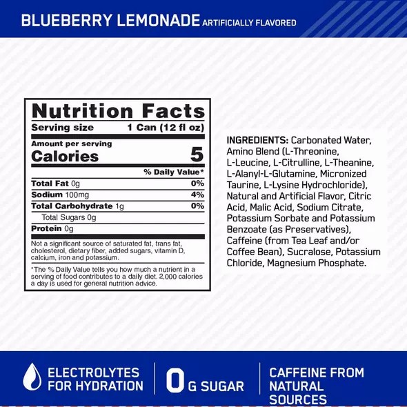 Optimum Nutrition ESSENTIAL AMIN.O. ENERGY+ Electrolytes Sparkling Blueberry Lemonade 355ml * 12 Cans (12 Servings) Philippines | 16940-ZDJV