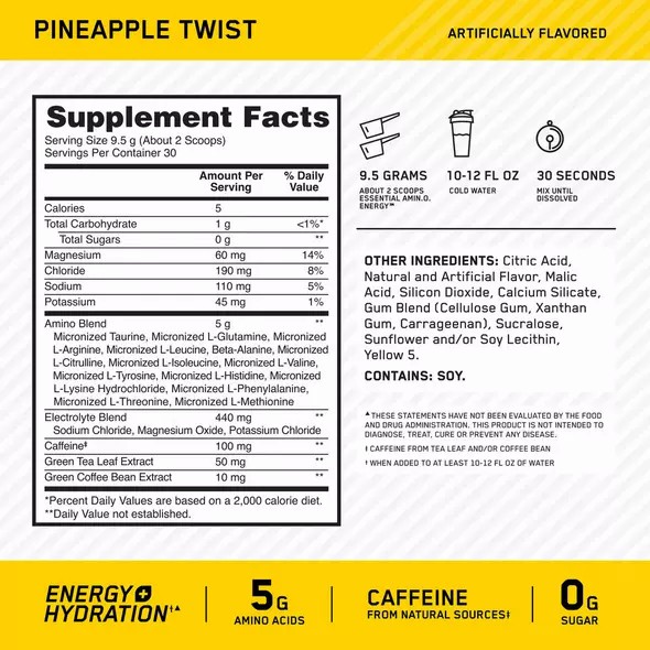 Optimum Nutrition Essential AMIN.O. ENERGY + Electrolytes Pineapple Twist 0.63 lb (30 Servings) Philippines | 64192-HPOD