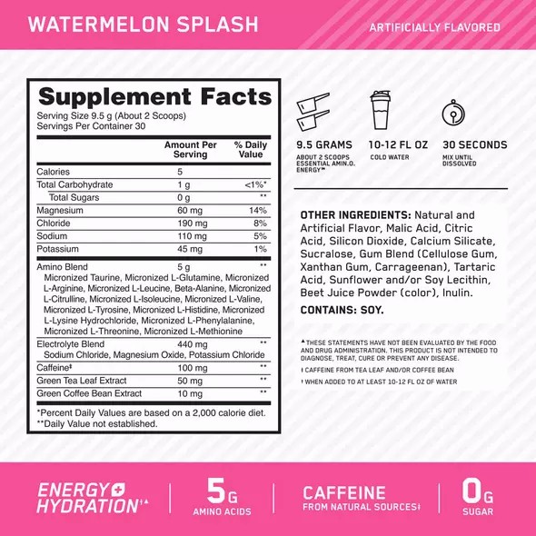 Optimum Nutrition Essential AMIN.O. ENERGY + Electrolytes Watermelon Splash 0.63 lb (30 Servings) Philippines | 12745-XFPK