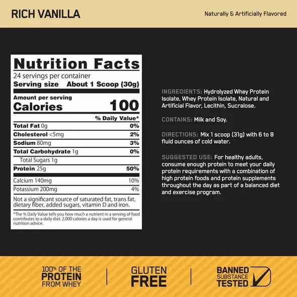 Optimum Nutrition GOLD STANDARD® 100% Isolate Rich Vanilla 2.91 lb (44 Servings) Philippines | 60498-KIAN