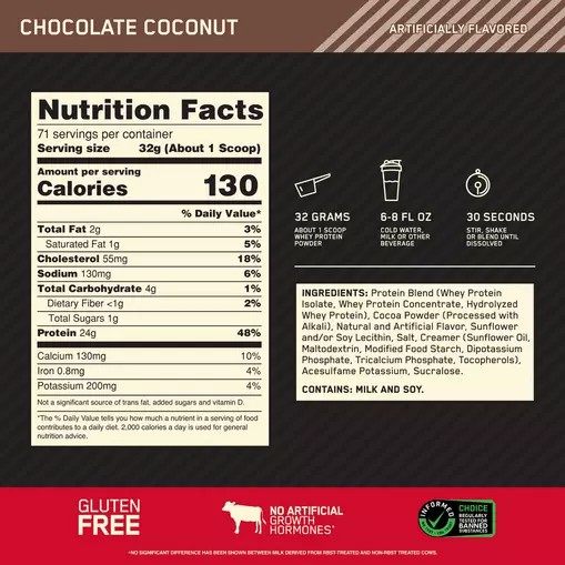 Optimum Nutrition GOLD STANDARD 100% WHEY™ Chocolate Coconut 5 lb (71 Servings) Philippines | 24506-JHSV