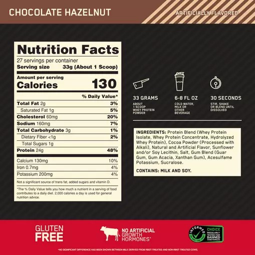 Optimum Nutrition GOLD STANDARD 100% WHEY™ Chocolate Hazelnut 2 lb (27 Servings) Philippines | 59012-GMKD