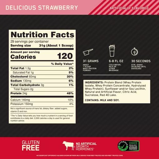 Optimum Nutrition GOLD STANDARD 100% WHEY™ Delicious Strawberry 2 lb (29 Servings) Philippines | 90243-OBUW