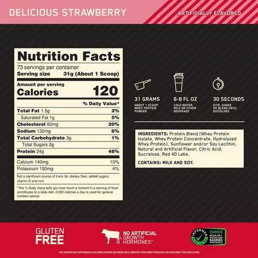 Optimum Nutrition GOLD STANDARD 100% WHEY™ Delicious Strawberry 5 lb (73 Servings) Philippines | 10329-MIDZ