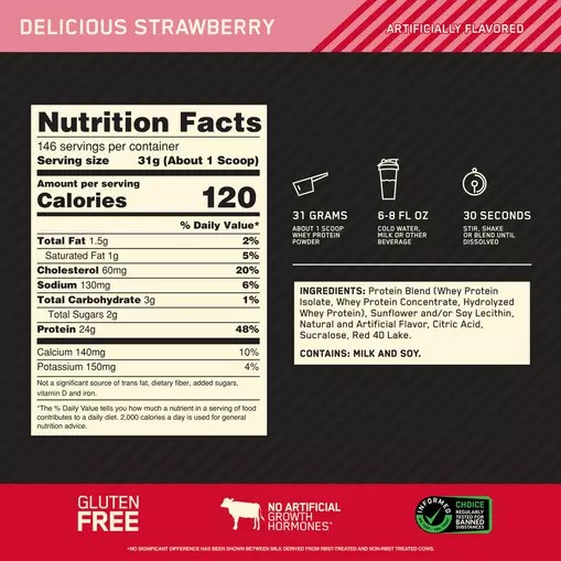 Optimum Nutrition GOLD STANDARD 100% WHEY™ Delicious Strawberry 10 lb (146 Servings) Philippines | 63591-VNDR