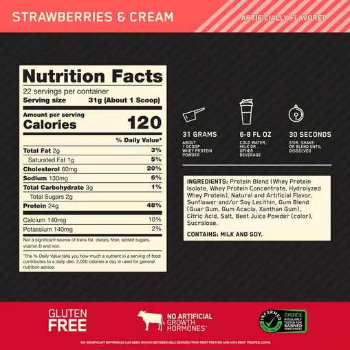 Optimum Nutrition GOLD STANDARD 100% WHEY™ Strawberries & Cream 1.5 lb (22 Servings) Philippines | 16425-DRNO