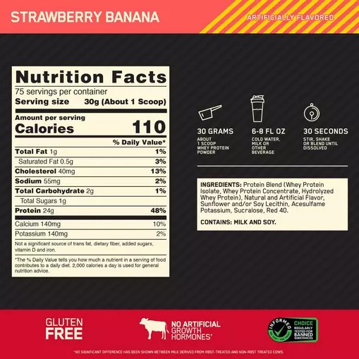 Optimum Nutrition GOLD STANDARD 100% WHEY™ Strawberry Banana 5 lb (75 Servings) Philippines | 48301-YPFT