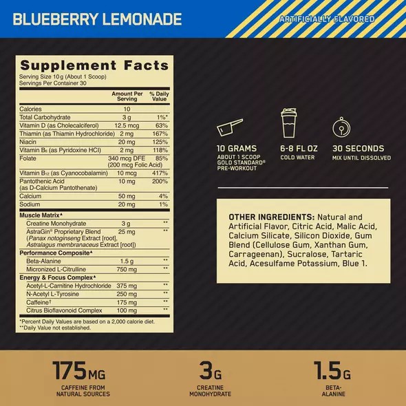 Optimum Nutrition GOLD STANDARD® Pre-Workout Blueberry Lemonade 0.66 lb (30 Servings) Philippines | 96104-BZGU