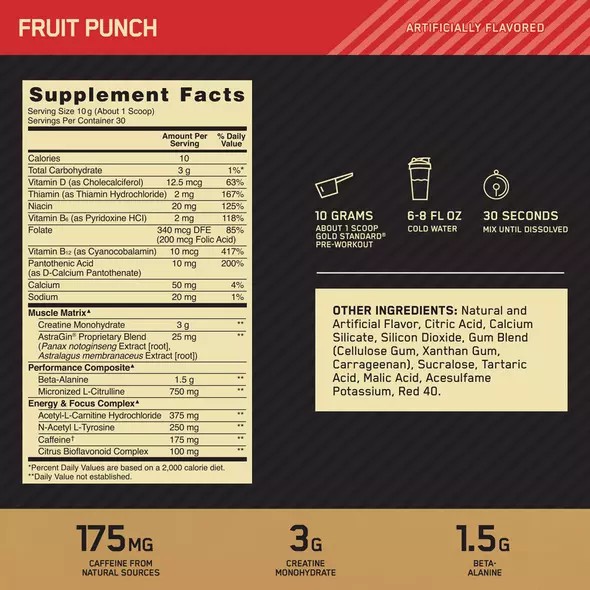 Optimum Nutrition GOLD STANDARD® Pre-Workout Fruit Punch 0.66 lb (30 Servings) Philippines | 51743-FYRZ