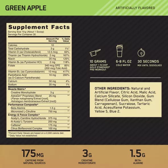 Optimum Nutrition GOLD STANDARD® Pre-Workout Green Apple 0.66 lb (30 Servings) Philippines | 73260-SDVG