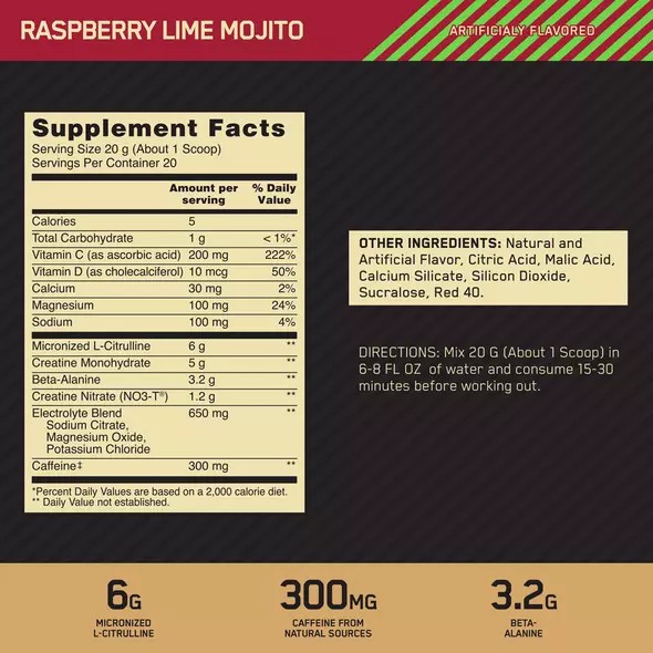 Optimum Nutrition GOLD STANDARD® Pre Advanced Raspberry Lime Mojito 0.88 lb (20 Servings) Philippines | 41230-LQKI