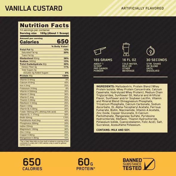 Optimum Nutrition GOLD STANDARD® Pro Gainer Vanilla Custard 5.09 lb (14 Servings) Philippines | 74293-GAMO