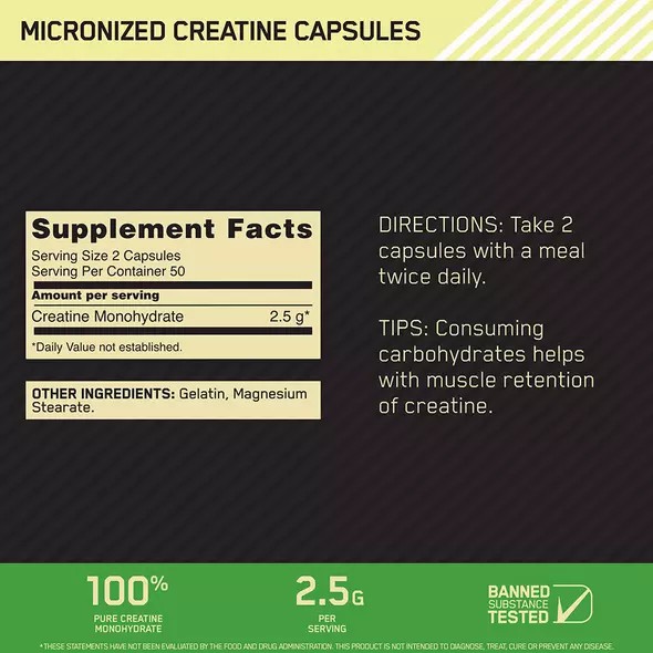 Optimum Nutrition Micronized Creatine Capsules 100 Capsules (50 Servings) Philippines | 20643-WLJP