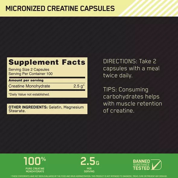 Optimum Nutrition Micronized Creatine Capsules 200 Capsules (100 Servings) Philippines | 83691-DQGA