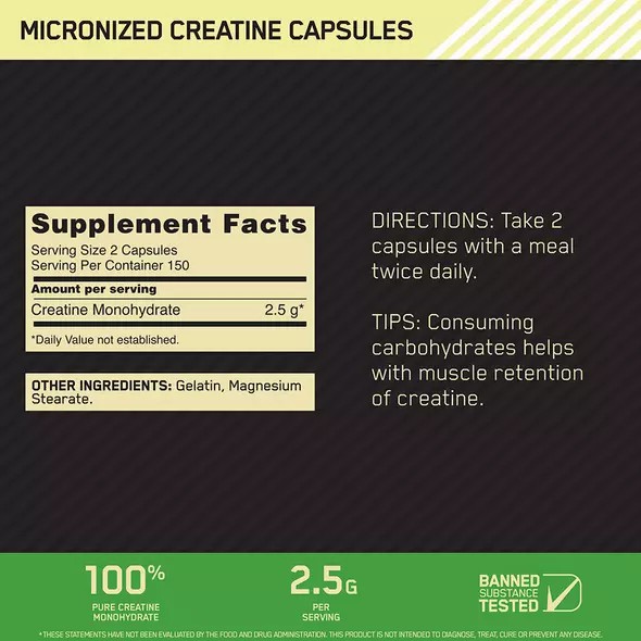 Optimum Nutrition Micronized Creatine Capsules 300 Capsules (150 Servings) Philippines | 92073-SEUW