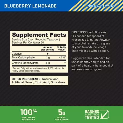 Optimum Nutrition Micronized Creatine Powder Blueberry Lemonade 0.79 lb (60 Servings) Philippines | 98054-CPLX