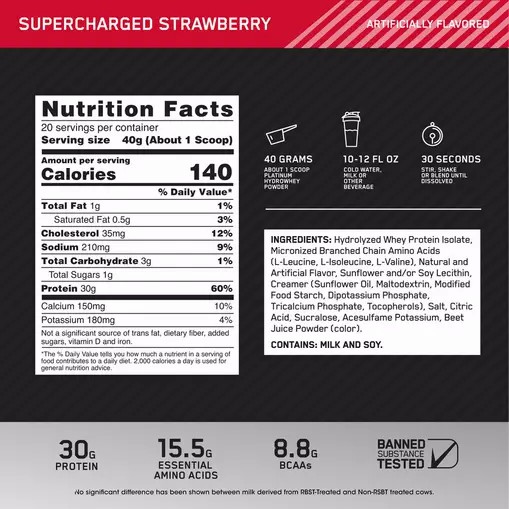 Optimum Nutrition PLATINUM HYDROWHEY™ Supercharged Strawberry 1.76 lb (20 Servings) Philippines | 67950-SRBG