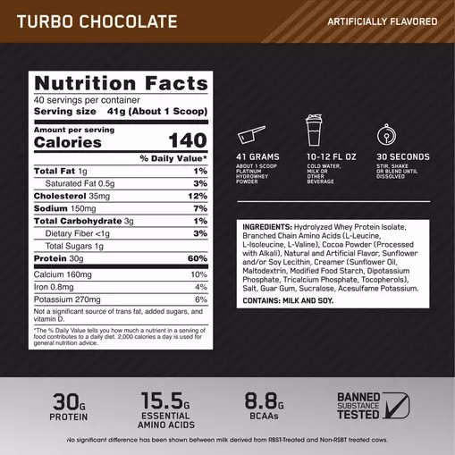 Optimum Nutrition PLATINUM HYDROWHEY™ Turbo Chocolate 3.61 lb (40 Servings) Philippines | 30951-EVMU