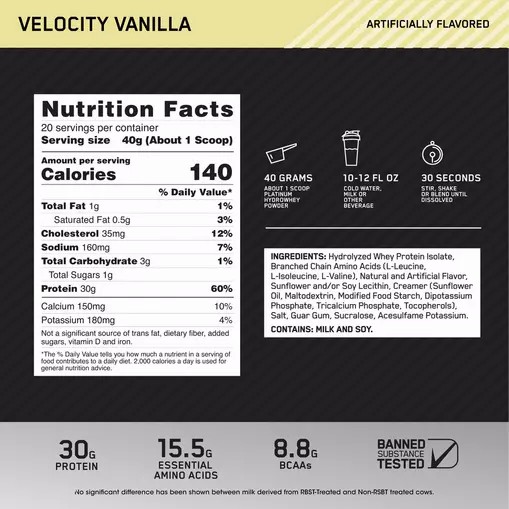 Optimum Nutrition PLATINUM HYDROWHEY™ Velocity Vanilla 1.76 lb (20 Servings) Philippines | 64908-ASMY