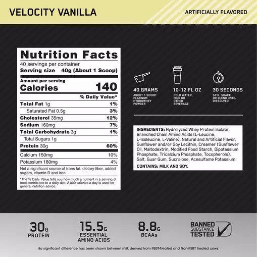 Optimum Nutrition PLATINUM HYDROWHEY™ Velocity Vanilla 3.52 lb (40 Servings) Philippines | 29508-AKZD