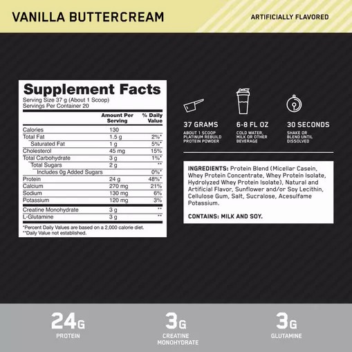 Optimum Nutrition Platinum Rebuild Vanilla Buttercream 1.63 lb (20 Servings) Philippines | 63245-DNHP