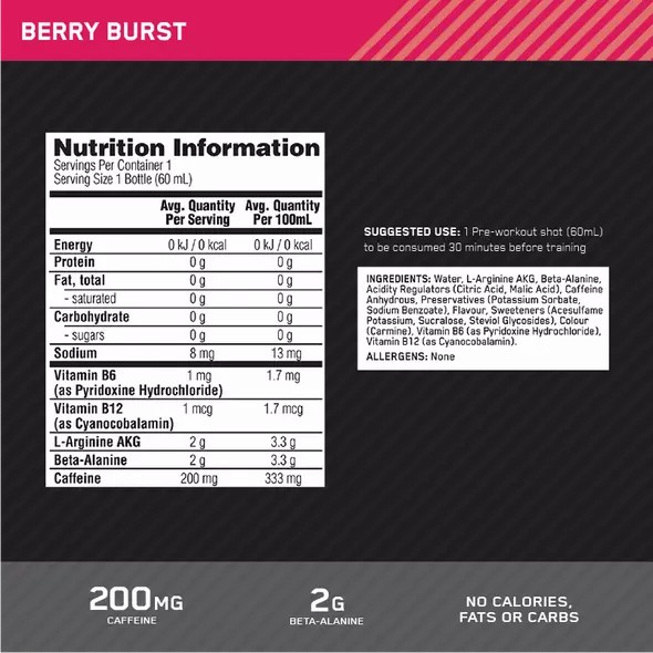 Optimum Nutrition Pure Pre 200 Pre-Workout Shot Berry 60ml (12 shots) Philippines | 08653-AWHS