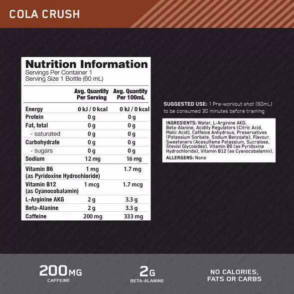 Optimum Nutrition Pure Pre 200 Pre-Workout Shot Cola 60ml (12 shots) Philippines | 04719-KPJN