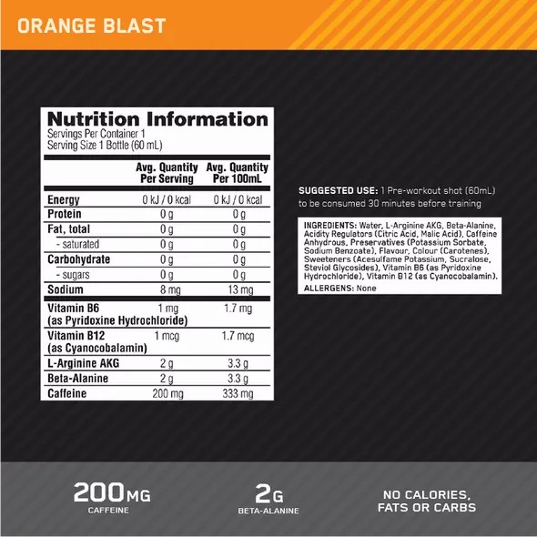 Optimum Nutrition Pure Pre 200 Pre-Workout Shot Orange 60ml (12 shots) Philippines | 93412-MRHZ