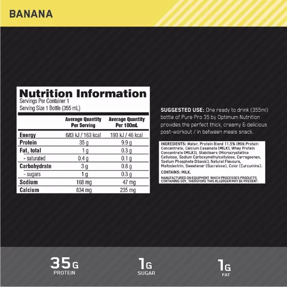 Optimum Nutrition Pure Pro 35 Banana 355ml (6 bottles) Philippines | 38469-NQZU