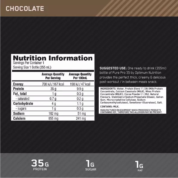 Optimum Nutrition Pure Pro 35 Chocolate 355ml (6 bottles) Philippines | 15046-NQIL