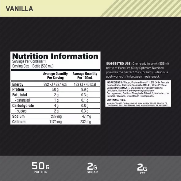 Optimum Nutrition Pure Pro 50 Vanilla 508ml (12 bottles) Philippines | 57439-KYAM